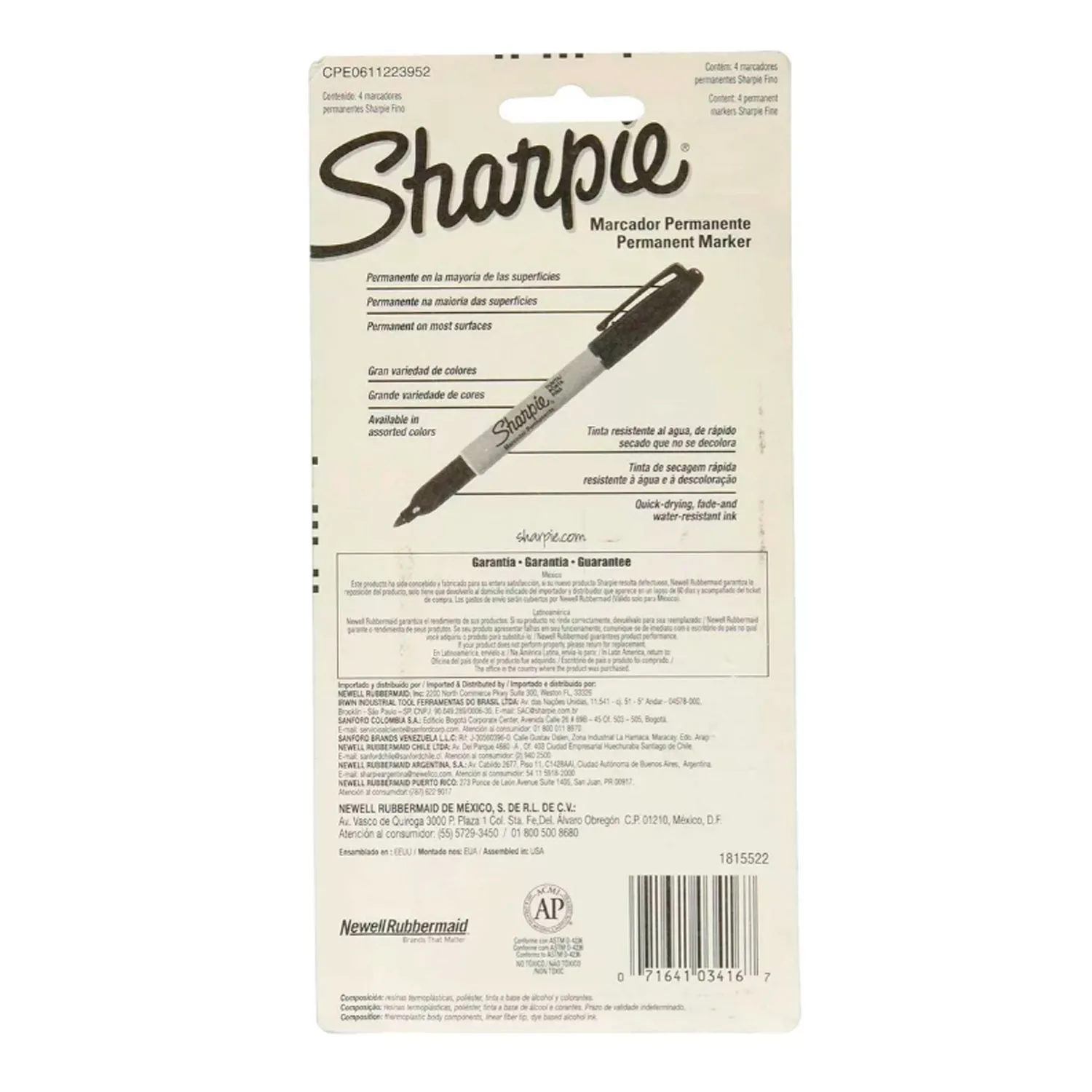 Marcador Sharpie 4 colores Punta Fina Permanente