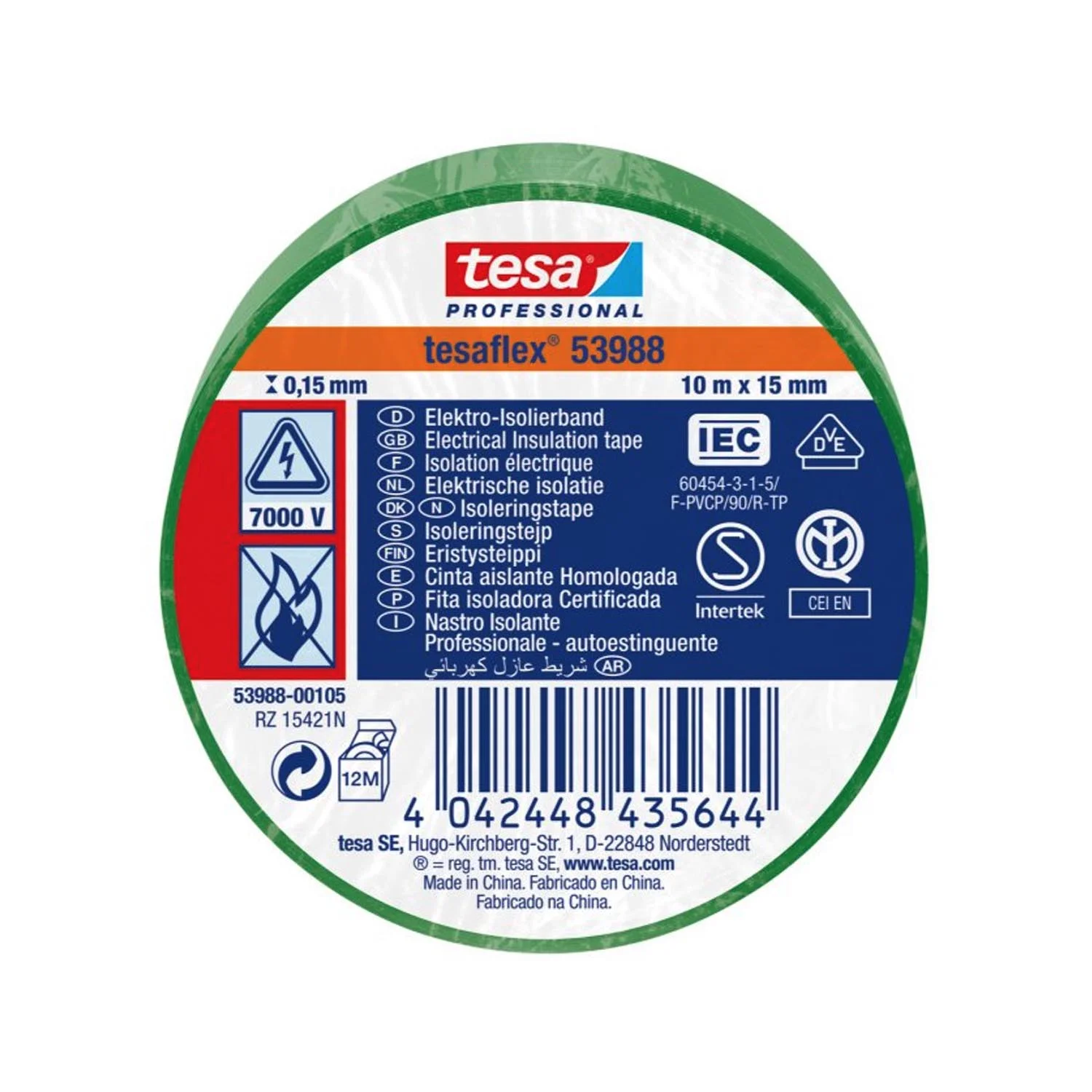 Cinta Aislante Tesa Verde 15mm X 10 mts.