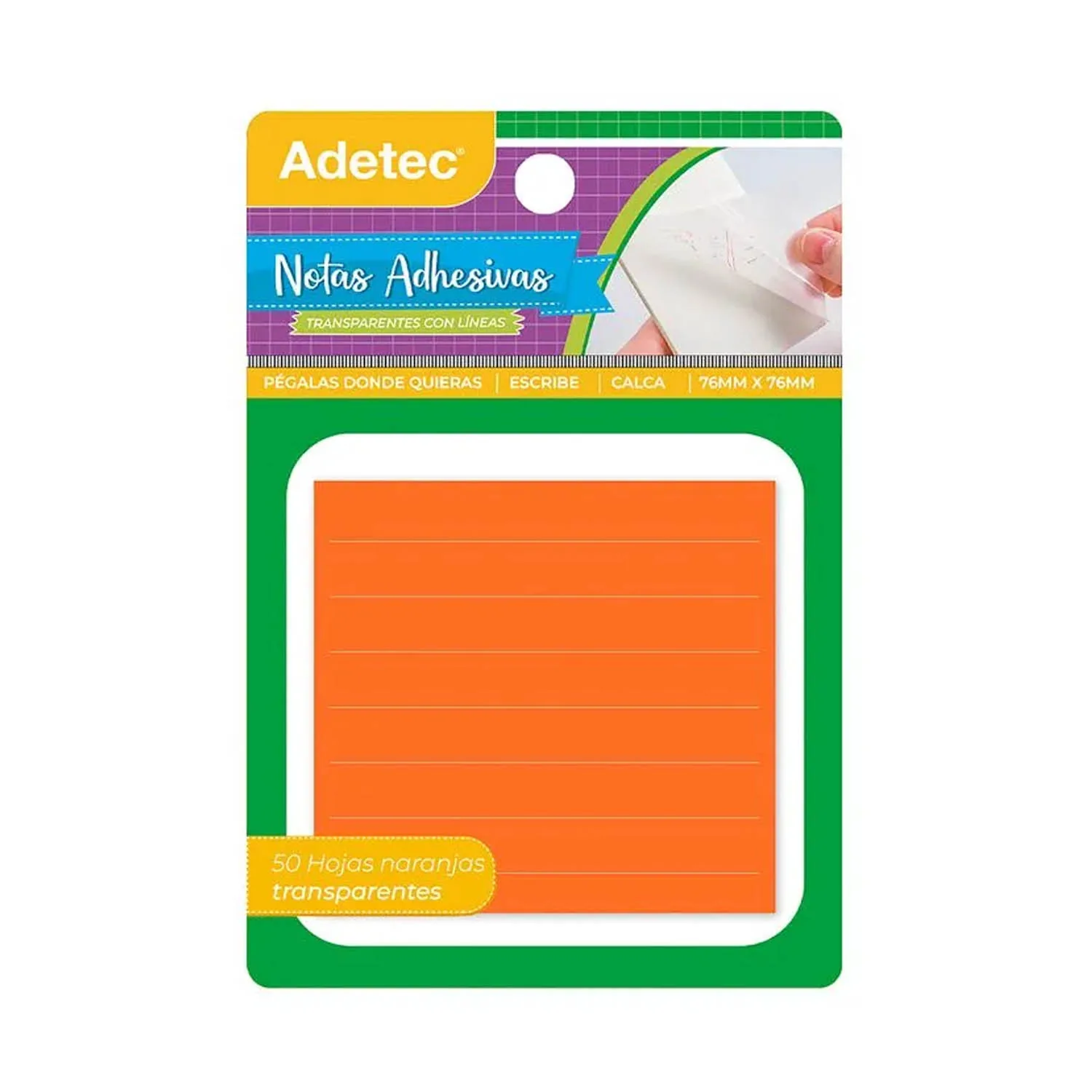 [452] Notas Adhesivas Adetec Naranja Transparentes Con Líneas 50 hjs