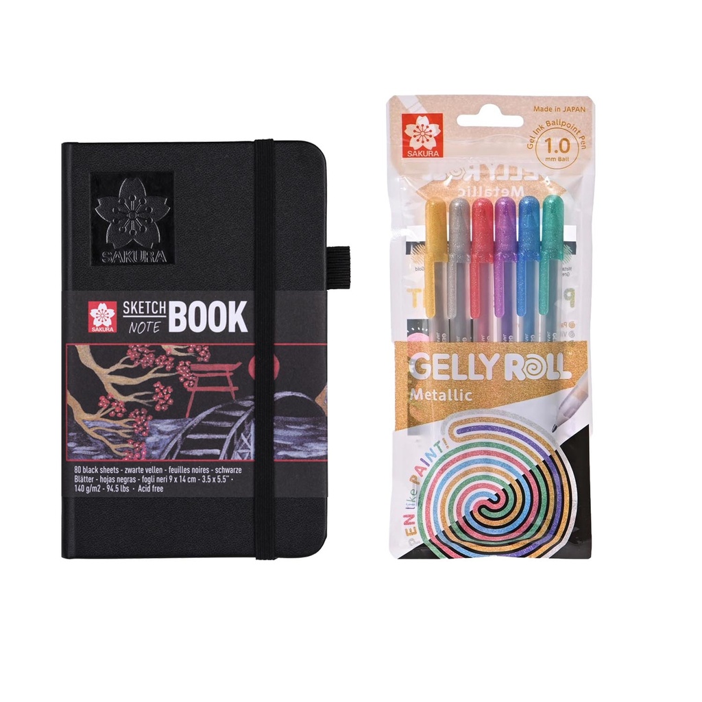 [PROMO28] Sketchbook Sakura Hoja Negra 9x14+Set 6 Gelly Roll Metálicos