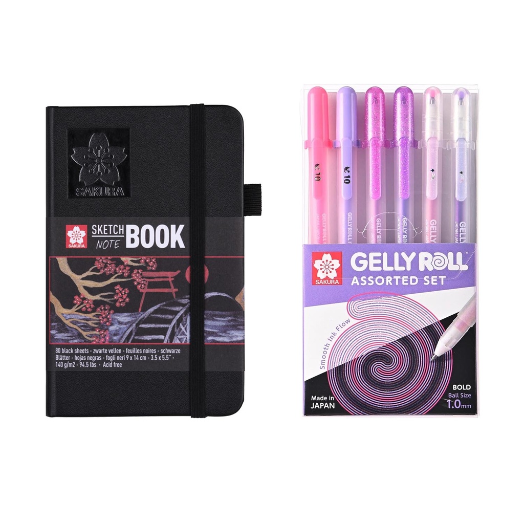 Sketchbook Sakura Hoja Negra 9x14 + Set Gelly Roll Rosado y Morado