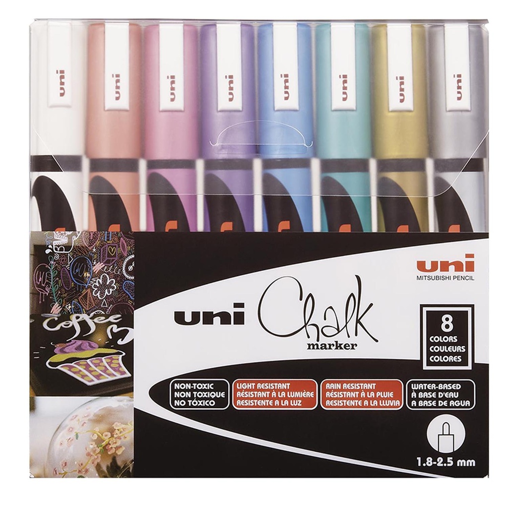 Marcador Tiza Liquida Uni-Ball UniChalk 8 Colores Metálico 5M