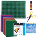 Base de Corte A4(Verde) + Tijera Zig Zag + Pegamento en Barra + Papeles