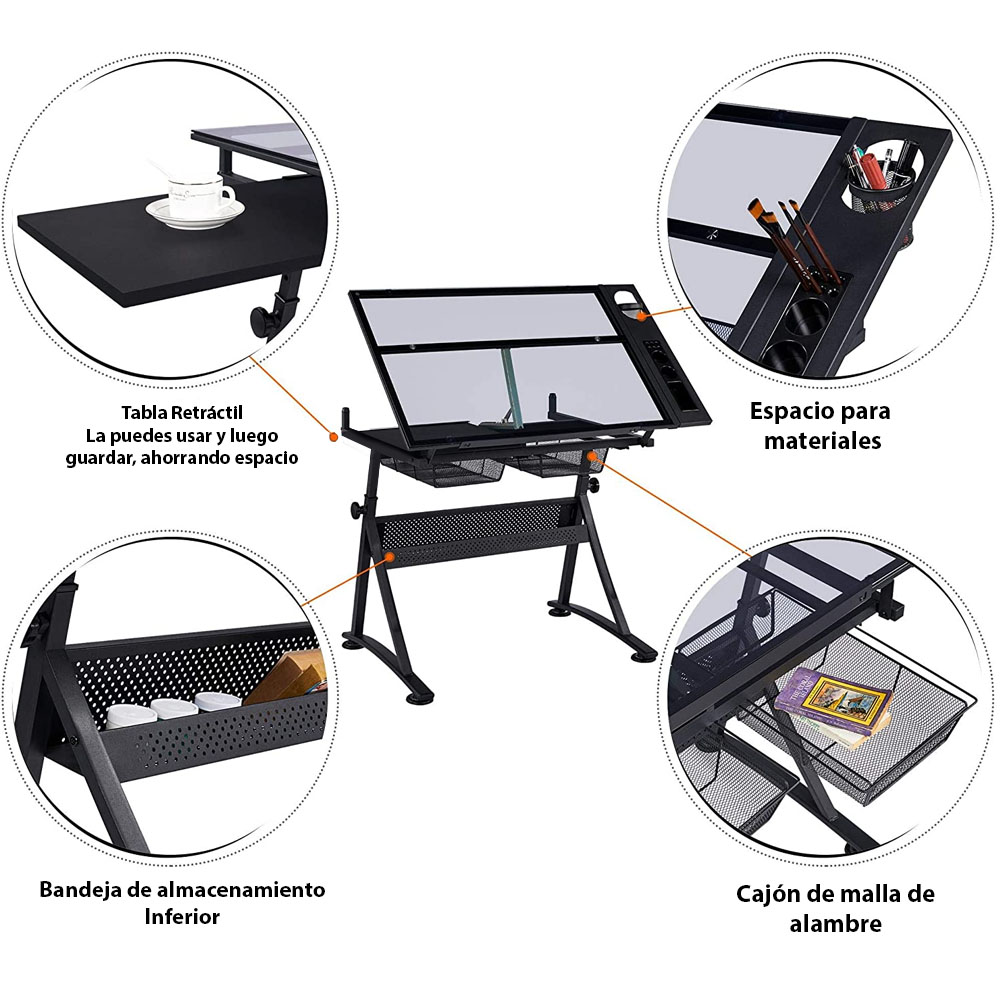 Mesa de Dibujo Profesional Negra Tablero de Vidrio Ajustable