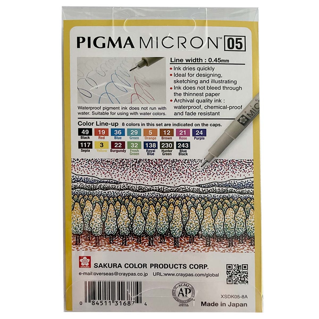 Set de 8 tiralíneas 0.5 de colores Pigma Micron