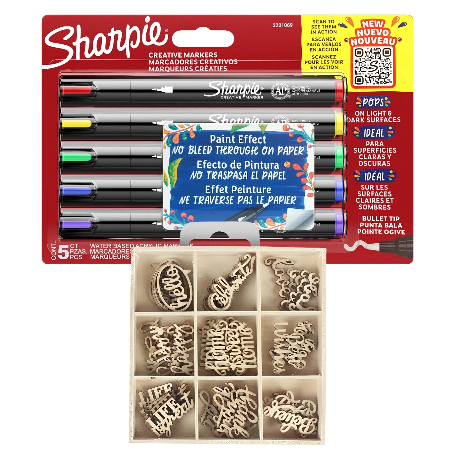 5 Marcadores Sharpie Acrílico Punta Bala + Set de Palabras en Madera