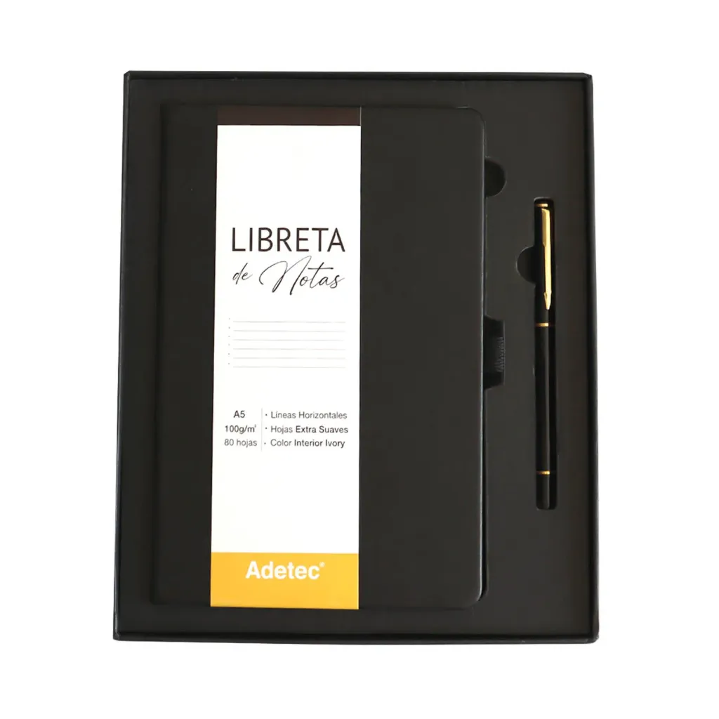 Libreta Cosida Adetec A5 con Lápiz y Caja de Regalo