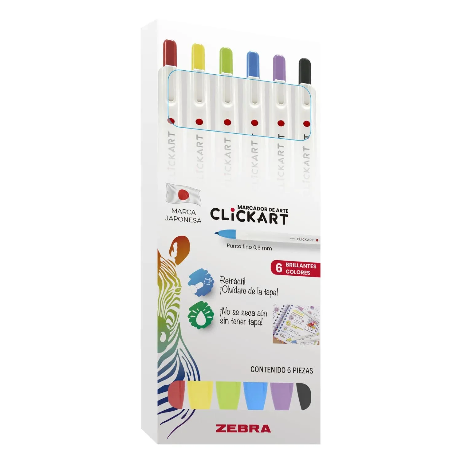 [20193] Marcadores Clickart Zebra Retráctil Punta Fina 6ud
