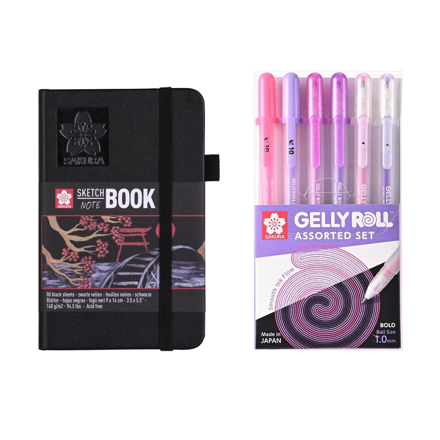 Sketchbook Sakura Hoja Negra 9x14 + Set Gelly Roll Rosado y Morado