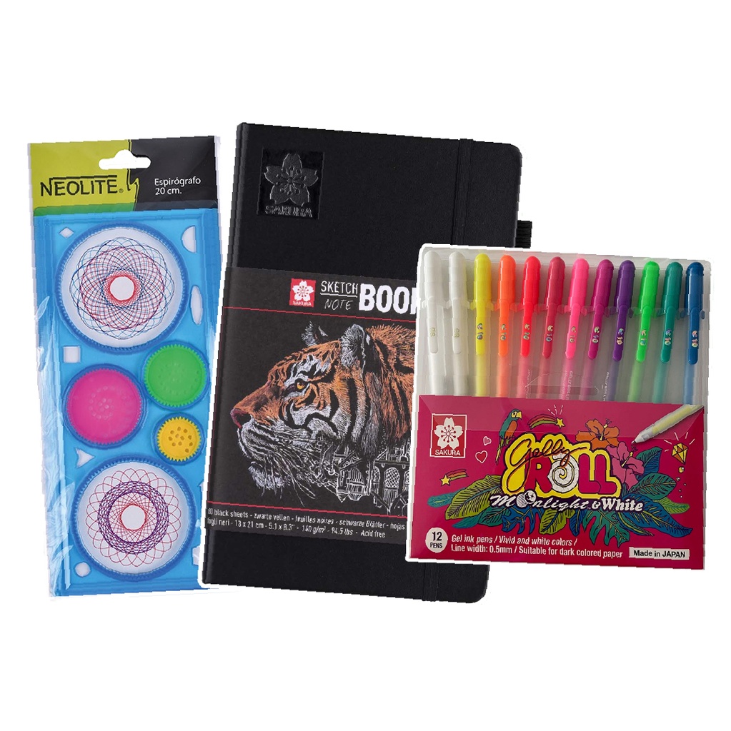 [PROMO12] Sketchbook hoja negra + Espirógrafo + Set 12 colores Gelly Roll
