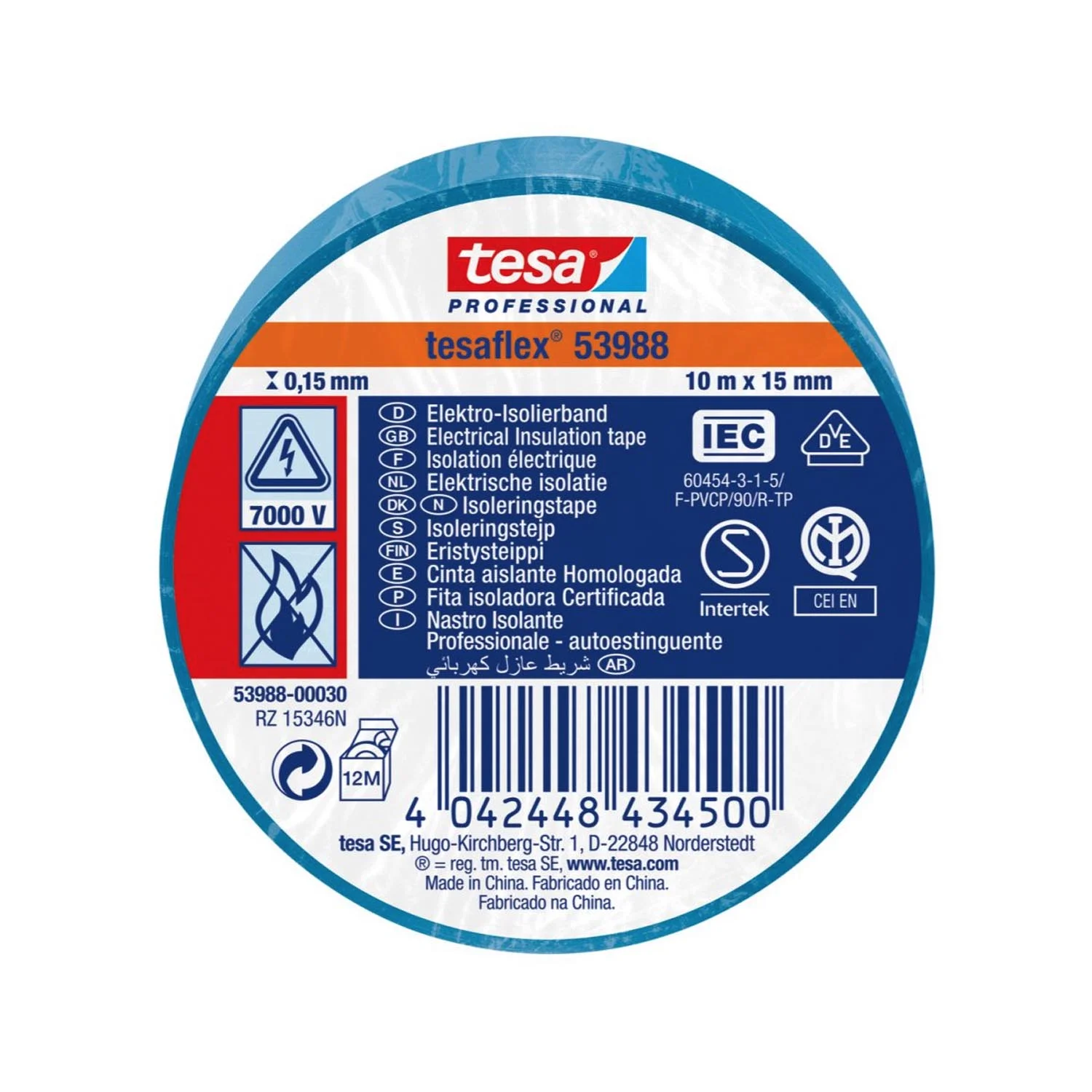 [53988-00030] Cinta Aislante Tesa Azul 15mm X 10 mts.