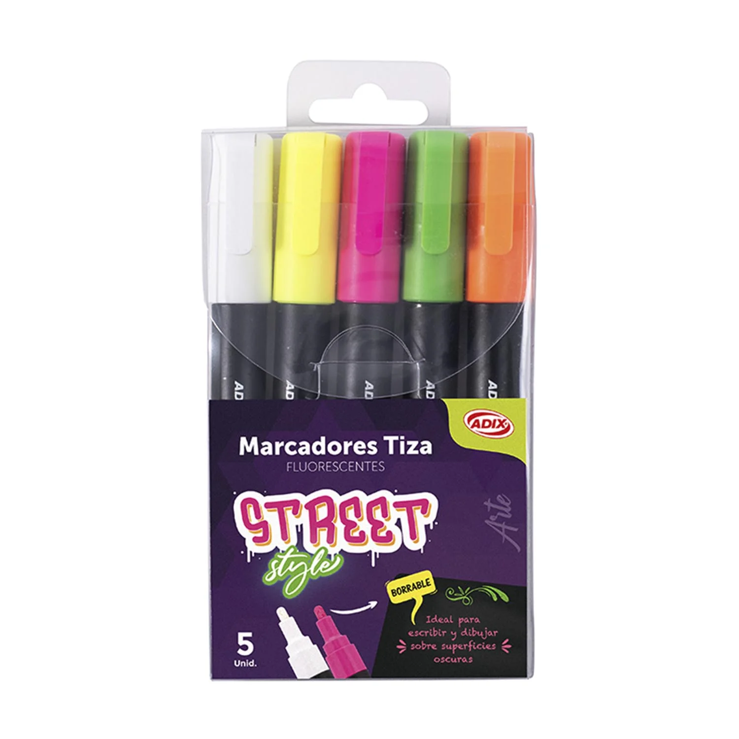 [A606055] Marcadores Tiza Adix Fluorescente 5 Colores