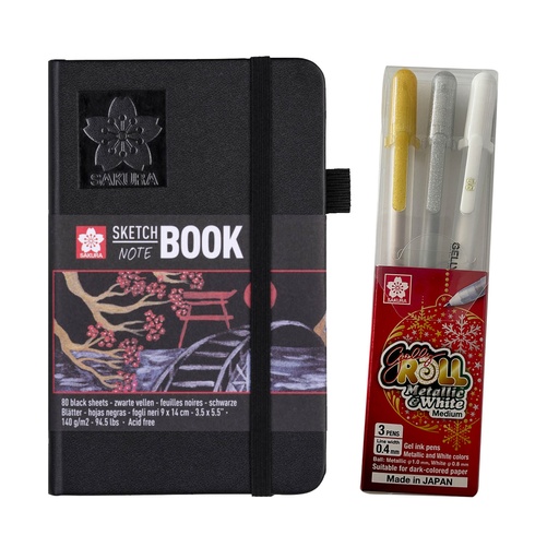 Sketchbook Sakura Hoja Negra 9x14+Set 3 Gelly Roll Metálicos