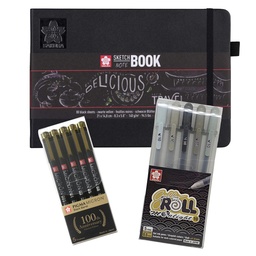 [KITR1F3010] Kit Sketchbook hoja negra 14x21cm + Set 5 Gelly Roll Grises
