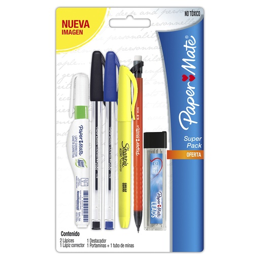 Pack Universitario Bolígrafos x2 Corrector Destacador Portaminas y Goma